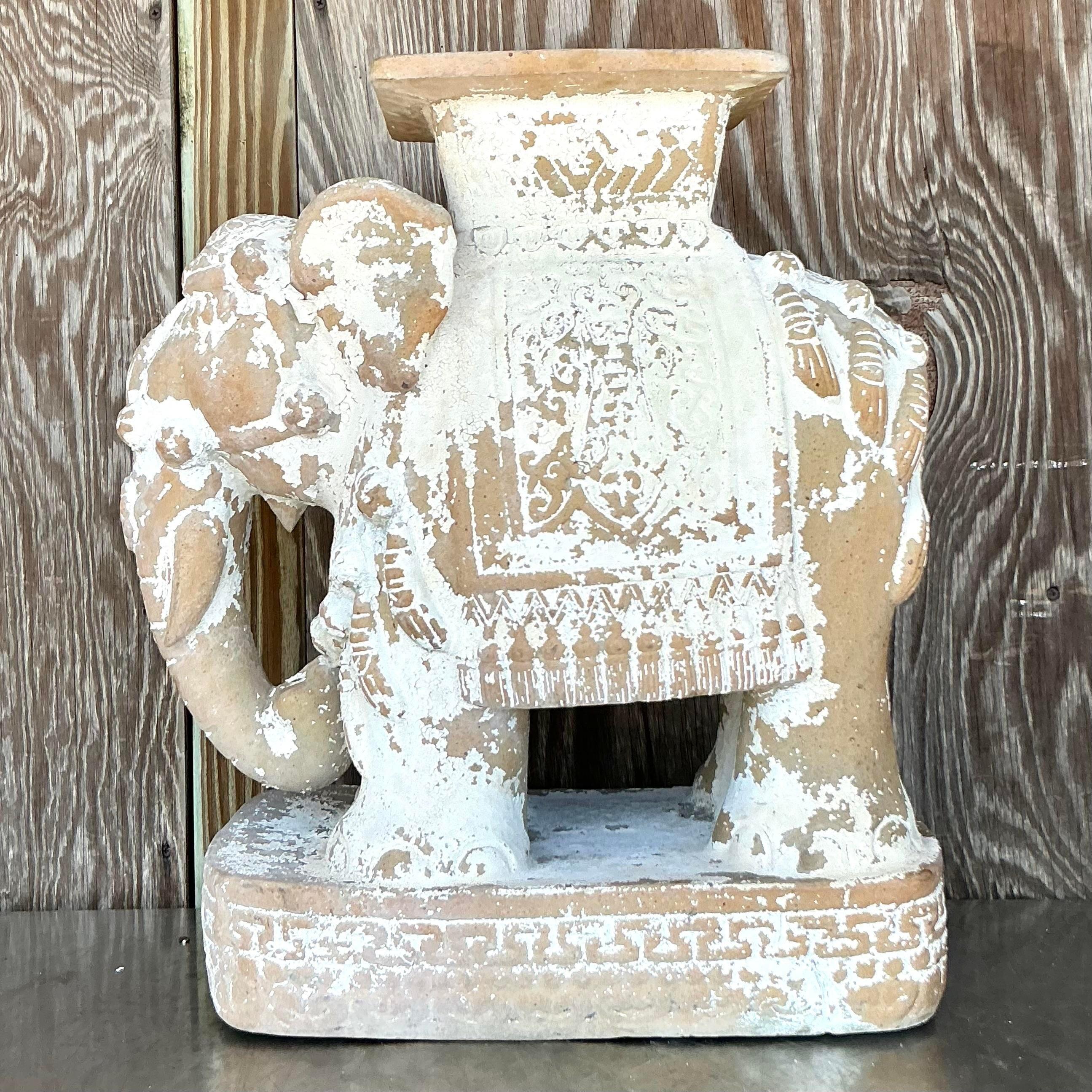 20ième siècle Tabouret bas éléphant vintage boho patiné en céramique