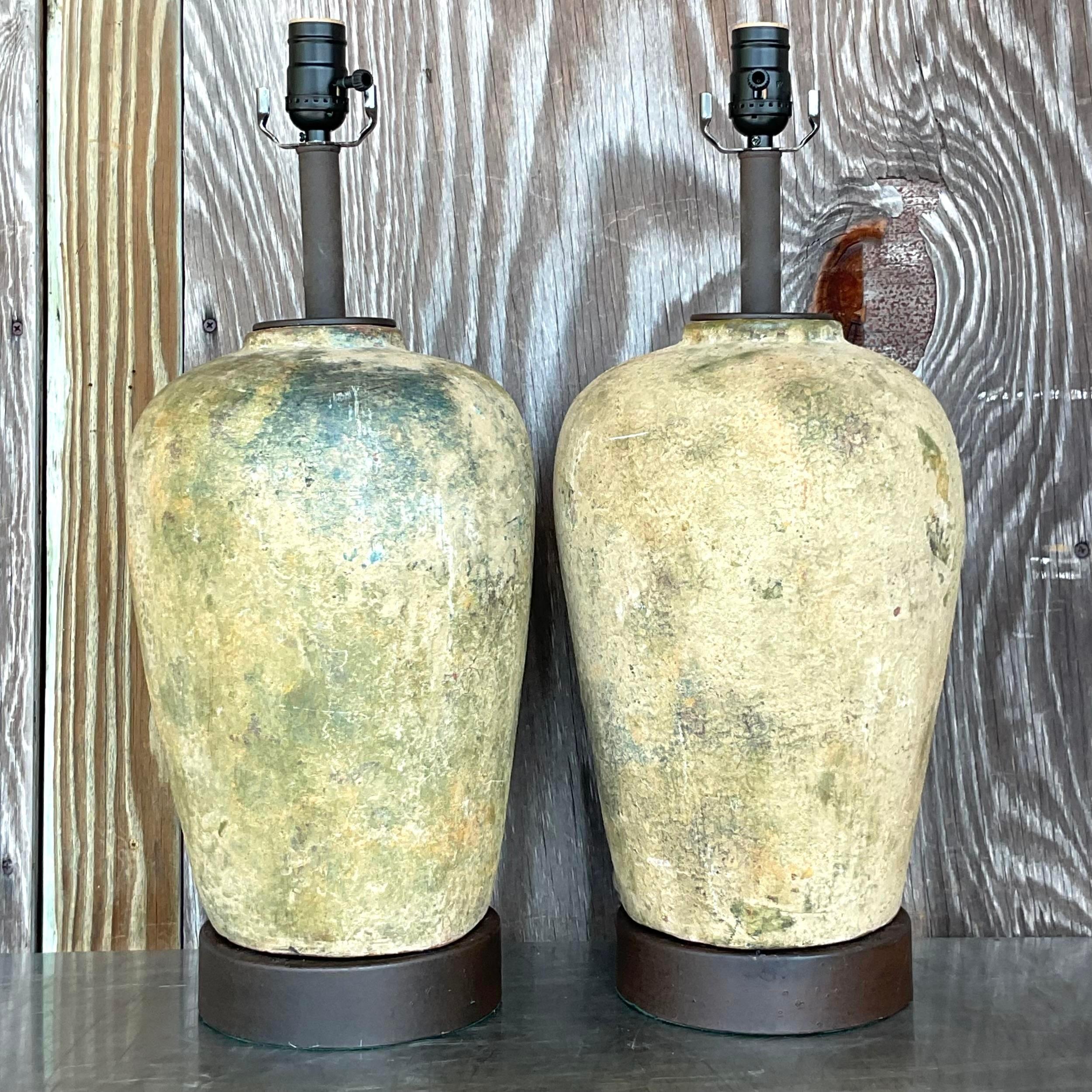 American Vintage Boho Patinated Ceramic Table Lamps - a Pair For Sale