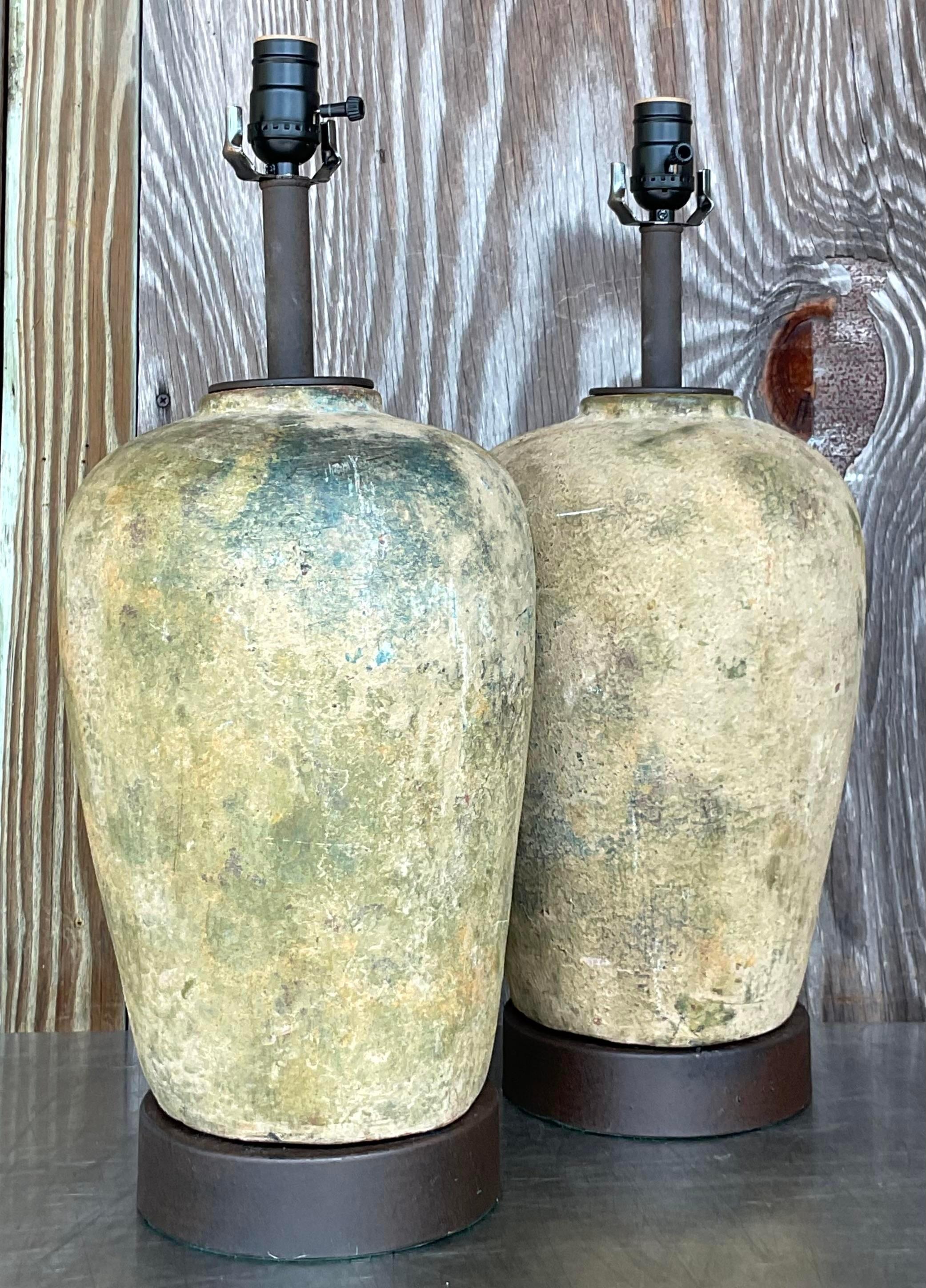 Vintage Boho Patinated Ceramic Table Lamps - a Pair In Good Condition For Sale In west palm beach, FL