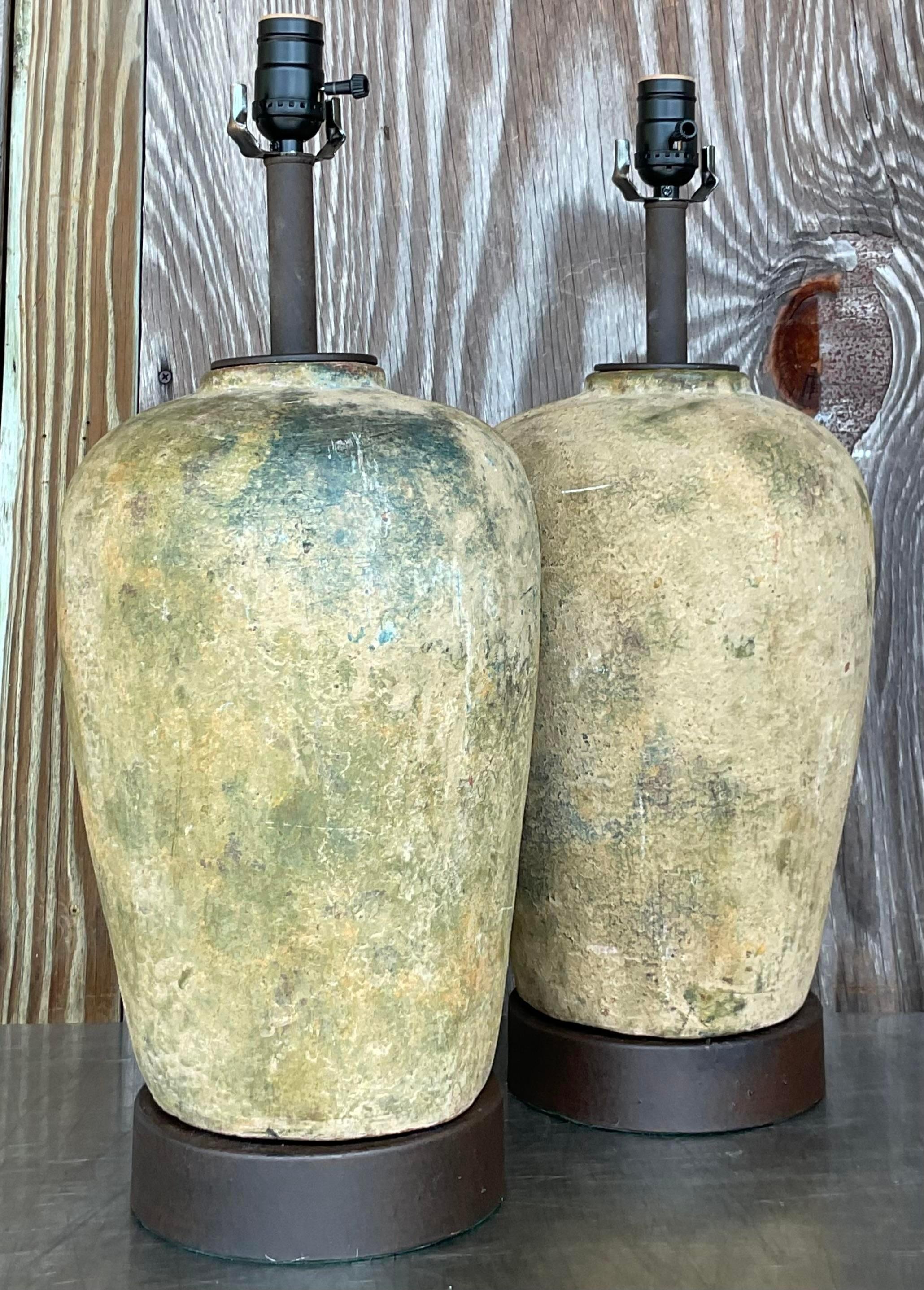 20th Century Vintage Boho Patinated Ceramic Table Lamps - a Pair For Sale