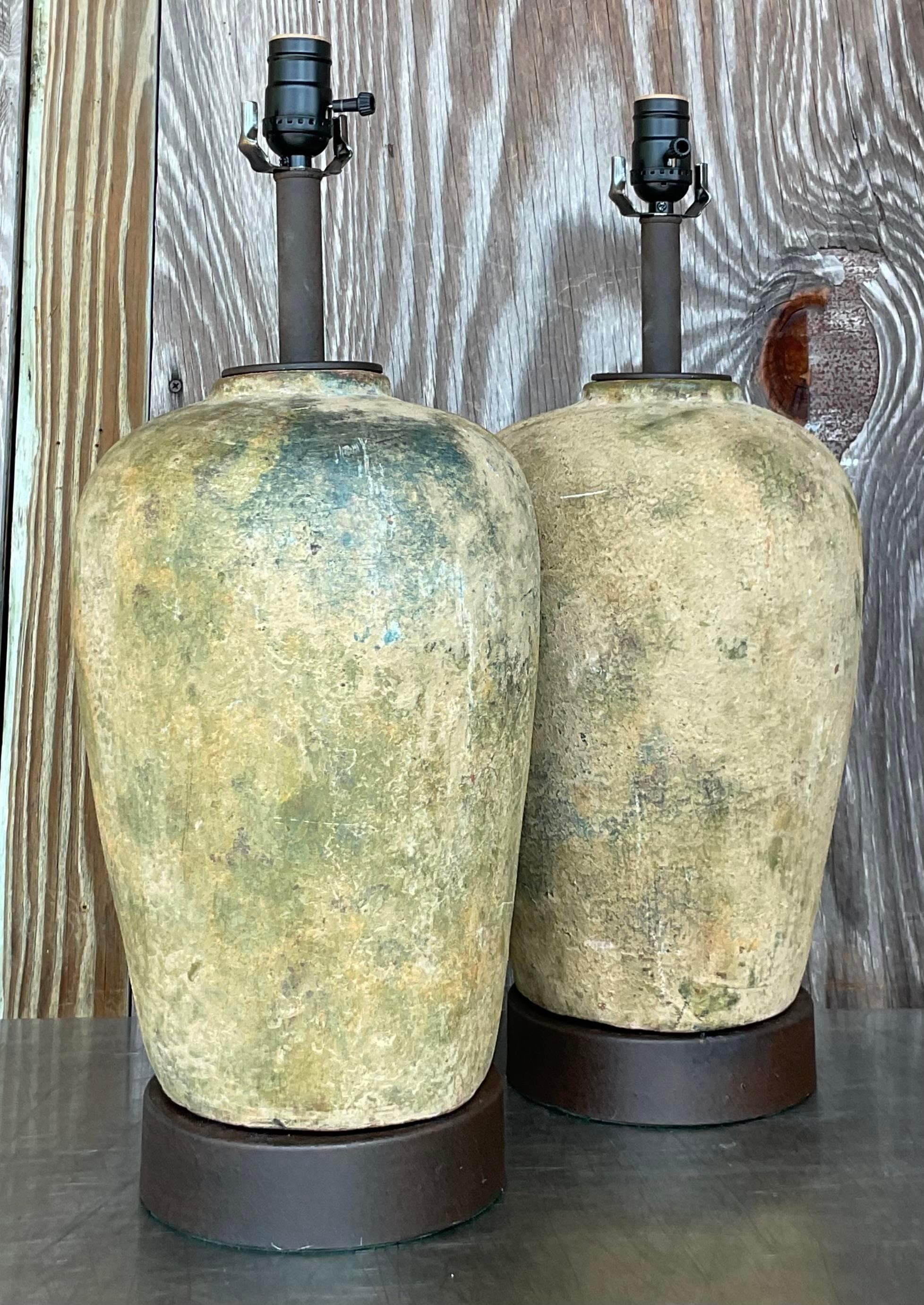 Metal Vintage Boho Patinated Ceramic Table Lamps - a Pair For Sale