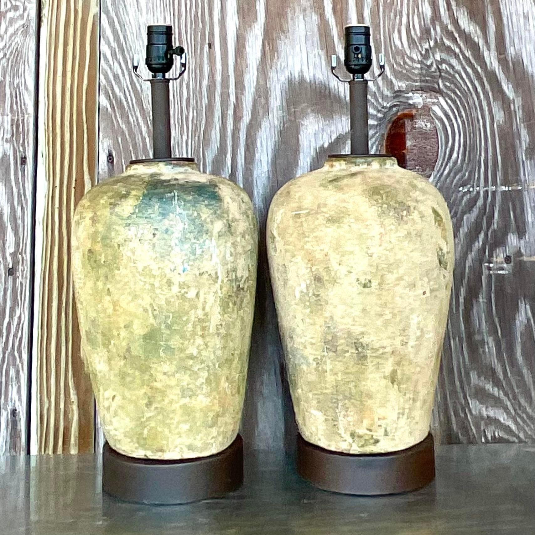 Vintage Boho Patinated Ceramic Table Lamps - a Pair For Sale 1