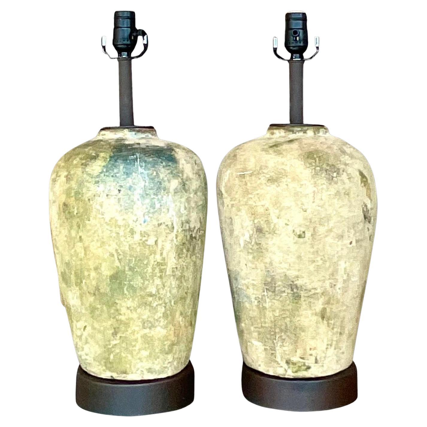 Vintage Boho Patinated Ceramic Table Lamps - a Pair
