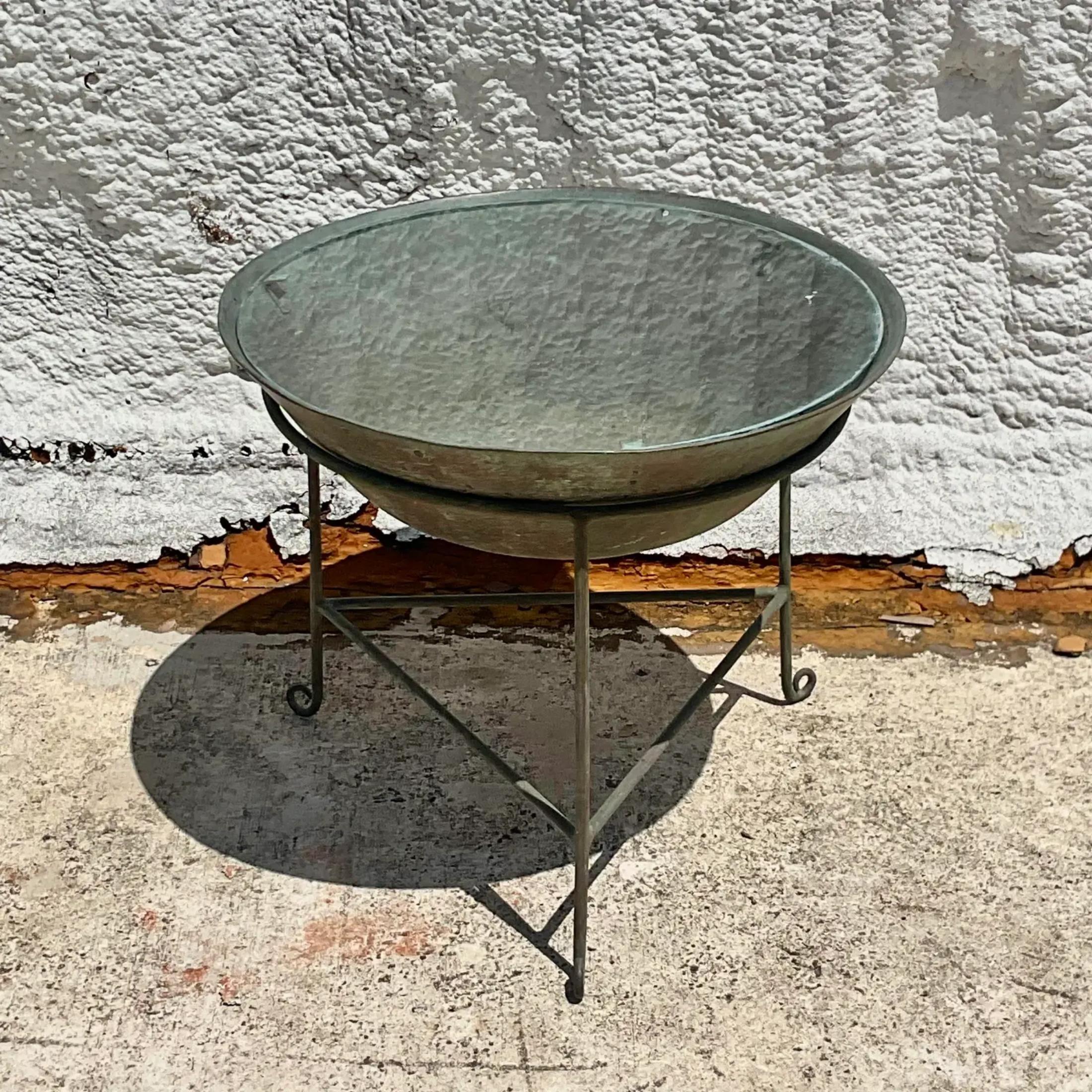Contemporary Vintage Boho Patinated Collectors Drum Table For Sale
