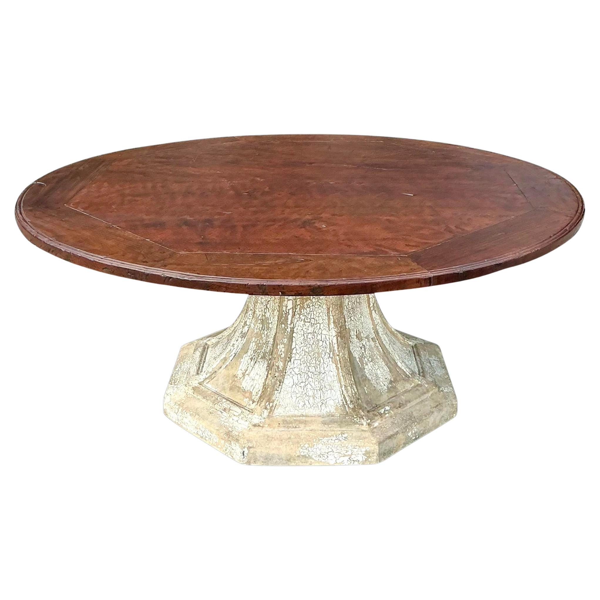 Vintage Boho Pedestal De Hormigón Patinado Con Tapa De Madera Personalizada Mesa De Comedor