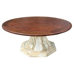 Vintage Boho Patinated Concrete Pedestal With Custom Wood Top Dining Table