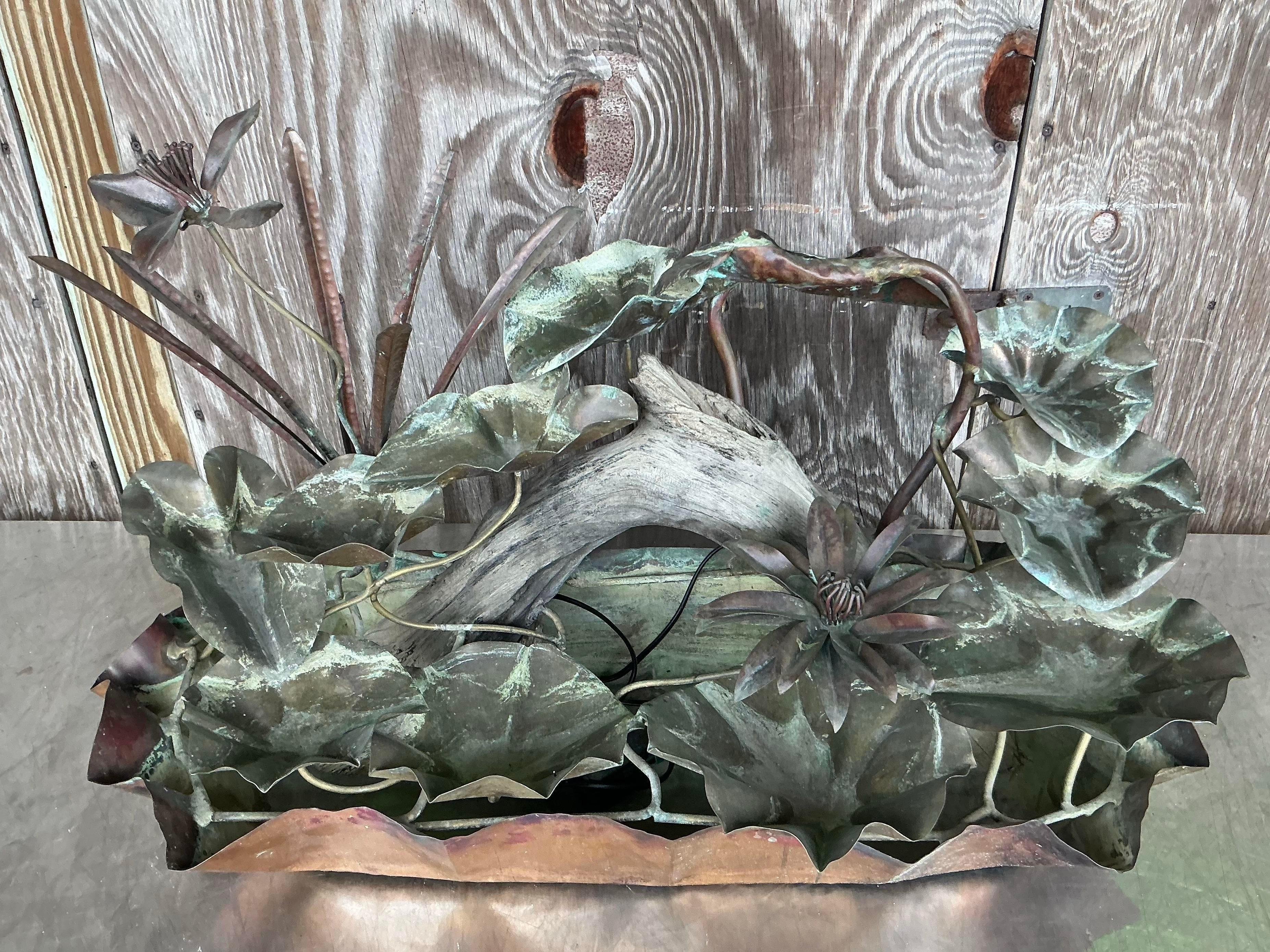 Mid-Century Modern Fontaine de table vintage Boho en cuivre patiné Lily Pad