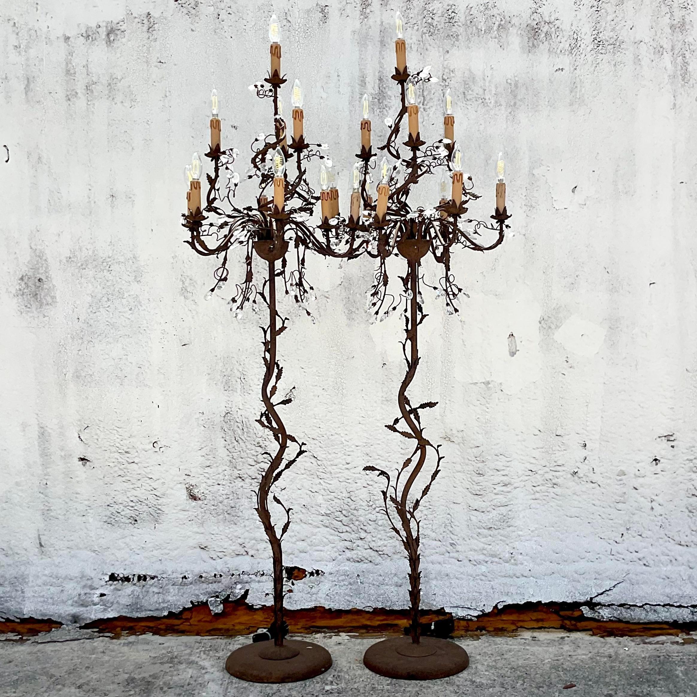 Vintage Boho Patinated Crystal Teardrop Floor Chandelier Lamps - a Pair In Good Condition For Sale In west palm beach, FL