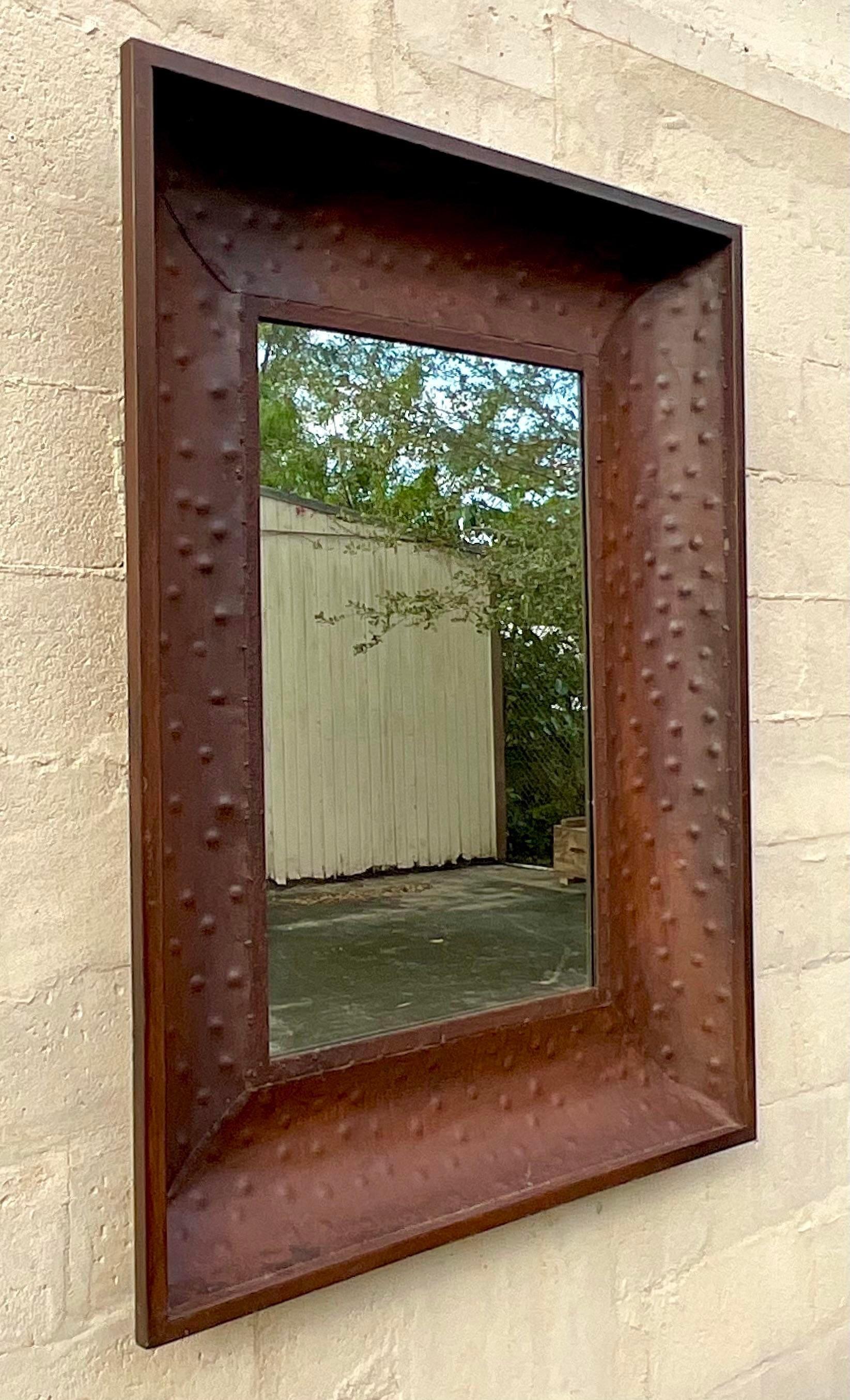 Vintage Boho Patinated Dimpled Metal Mirror In Good Condition For Sale In west palm beach, FL