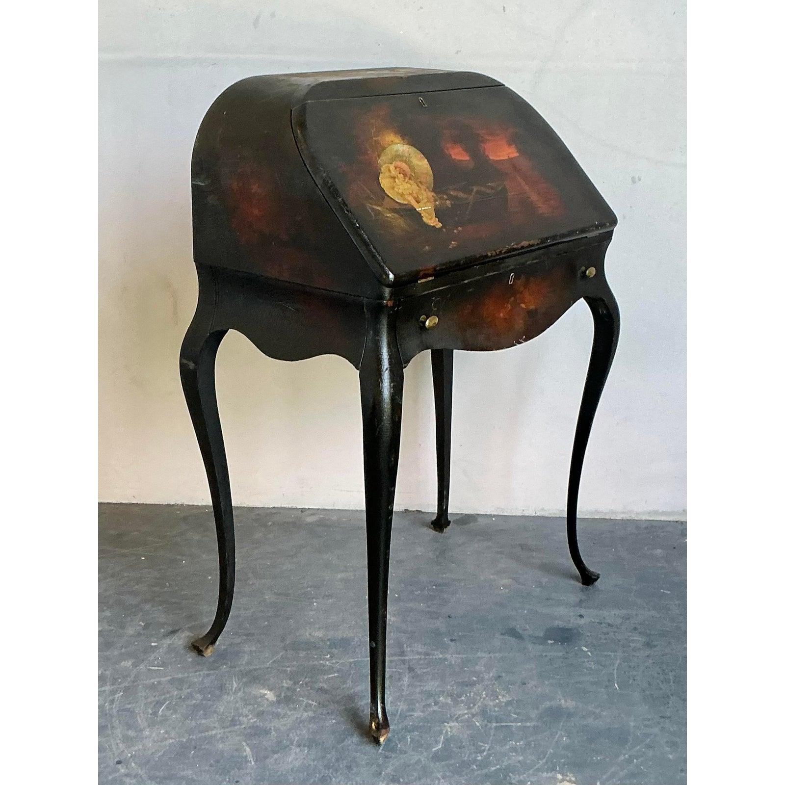 Brass Vintage Boho Patinated Drop Front Desk For Sale