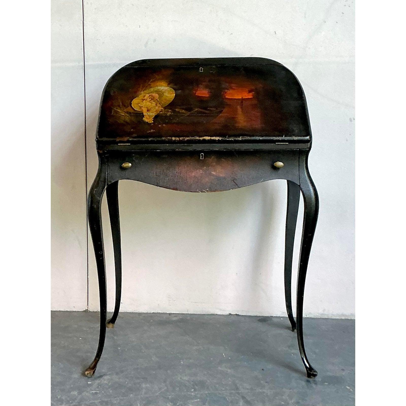 Vintage Boho Patinated Drop Front Desk For Sale 2