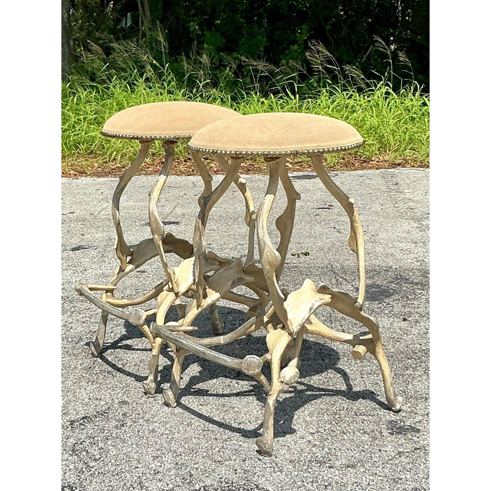 Hollywood Regency Vintage Boho Patinated Faux Antler Stools - A Pair For Sale