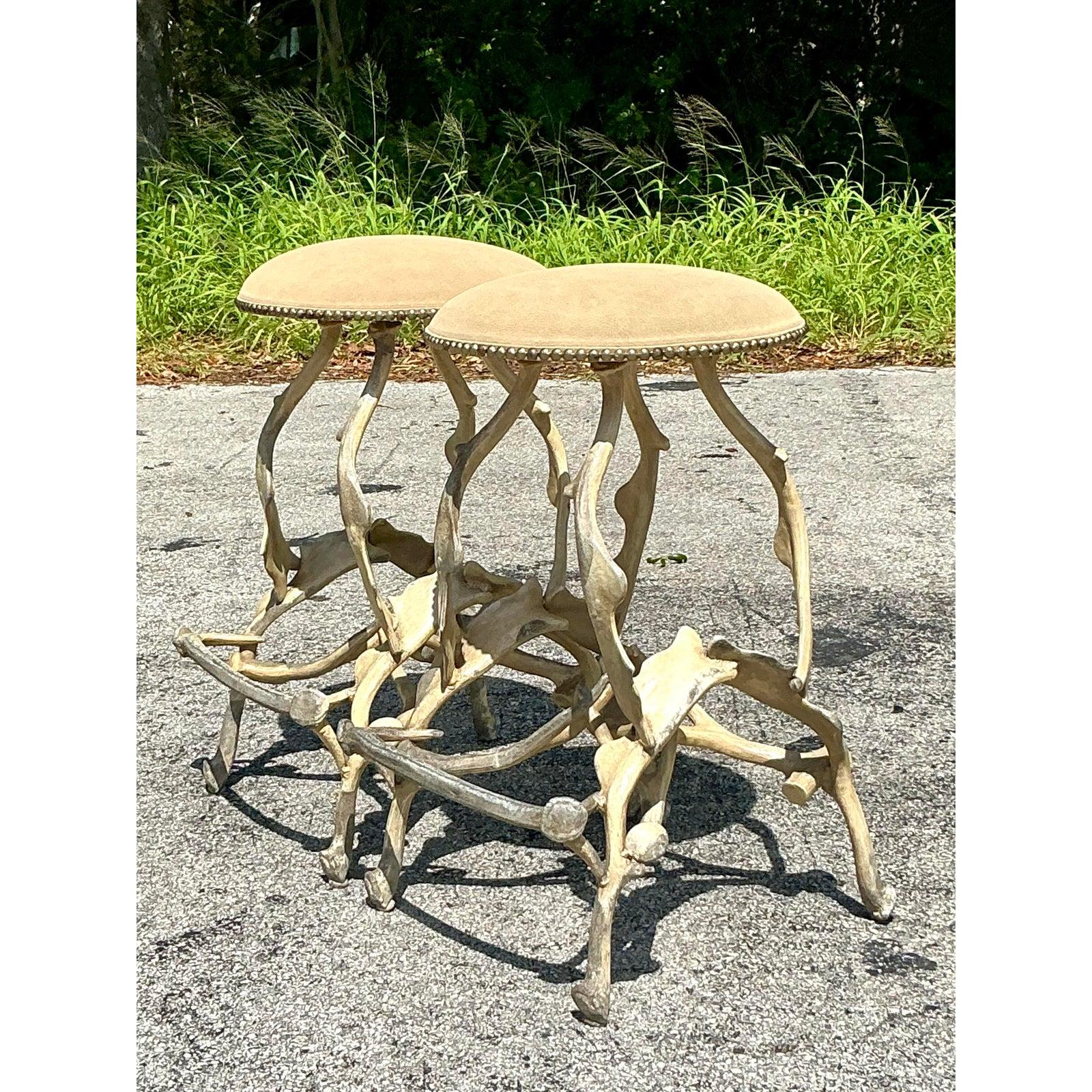 American Vintage Boho Patinated Faux Antler Stools - A Pair For Sale