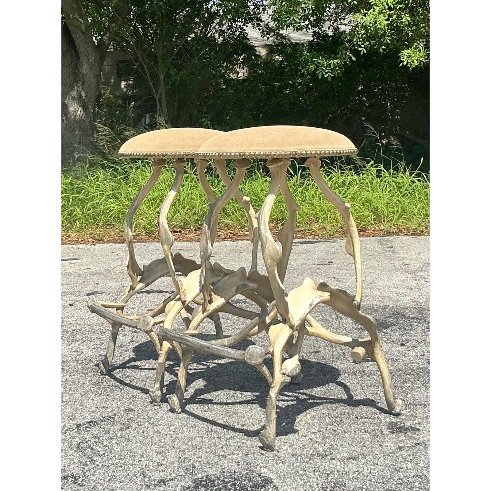 Vintage Boho Patinated Faux Antler Stools - A Pair In Good Condition For Sale In west palm beach, FL