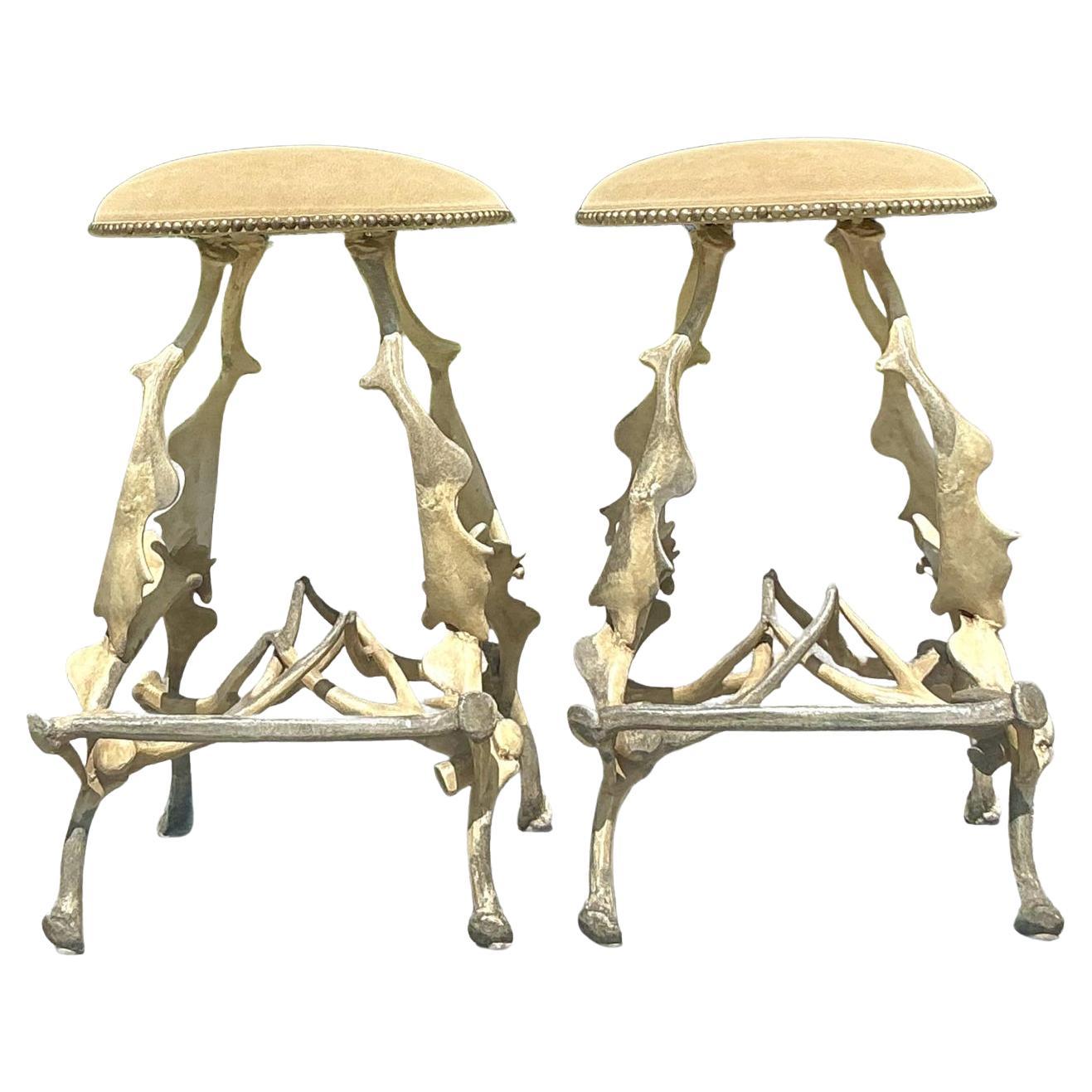 Vintage Boho Patinated Faux Antler Stools - A Pair For Sale