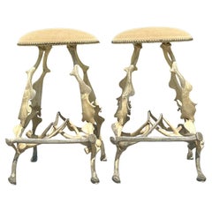 Vintage Boho Patinated Faux Antler Stools - A Pair