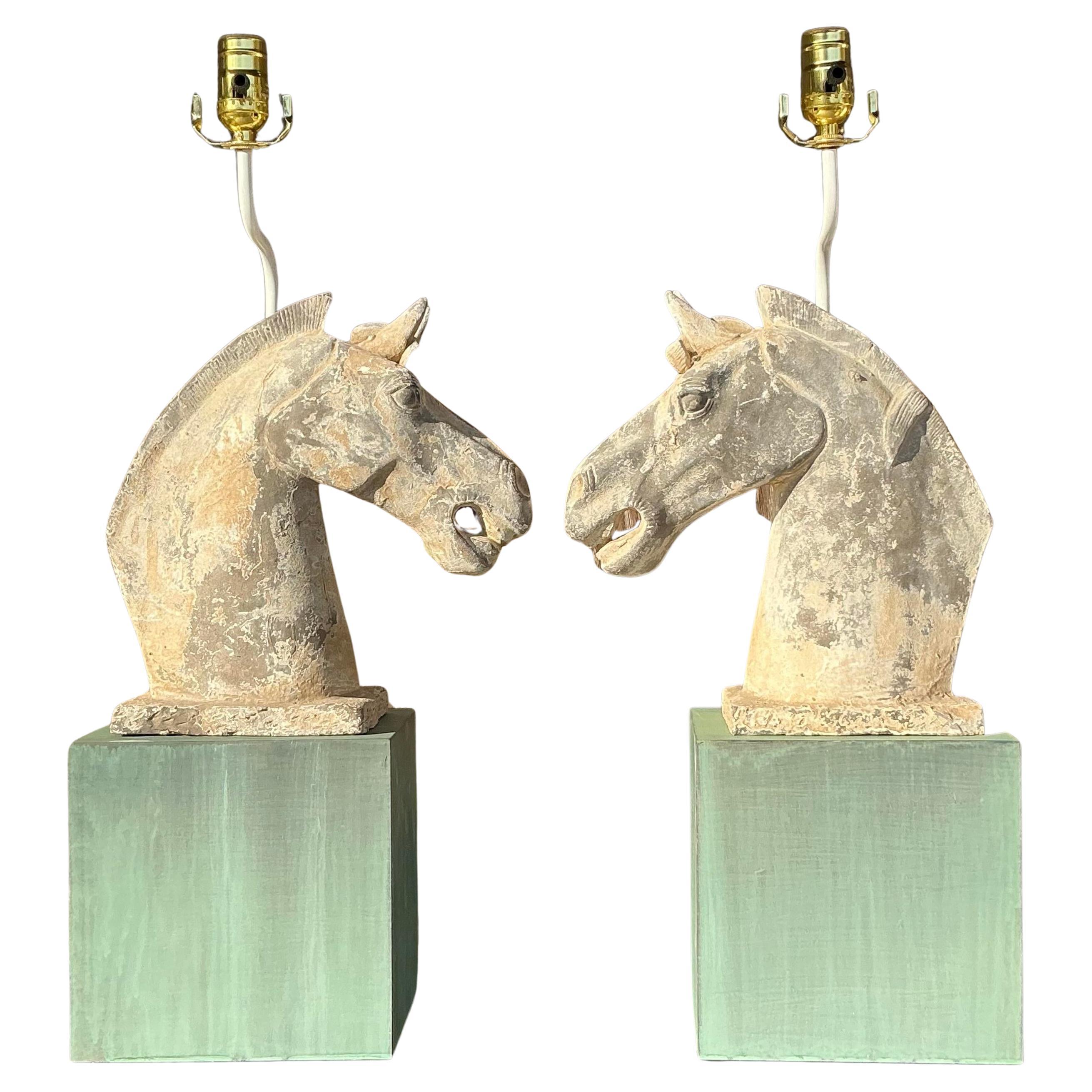 Vintage Boho Patinated Horse Head Lamps a Pair For Sale at 1stDibs