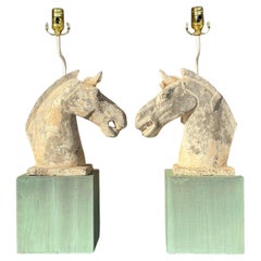 Vintage Boho Patinated Horse Head Lamps - a Pair
