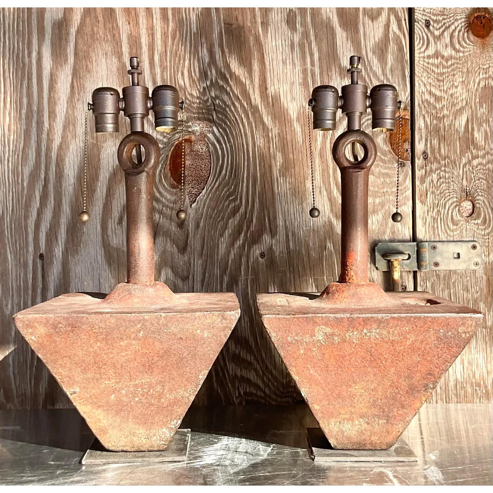 North American Vintage Boho Patinated Iron Boat Weight Lamps - a Pair For Sale