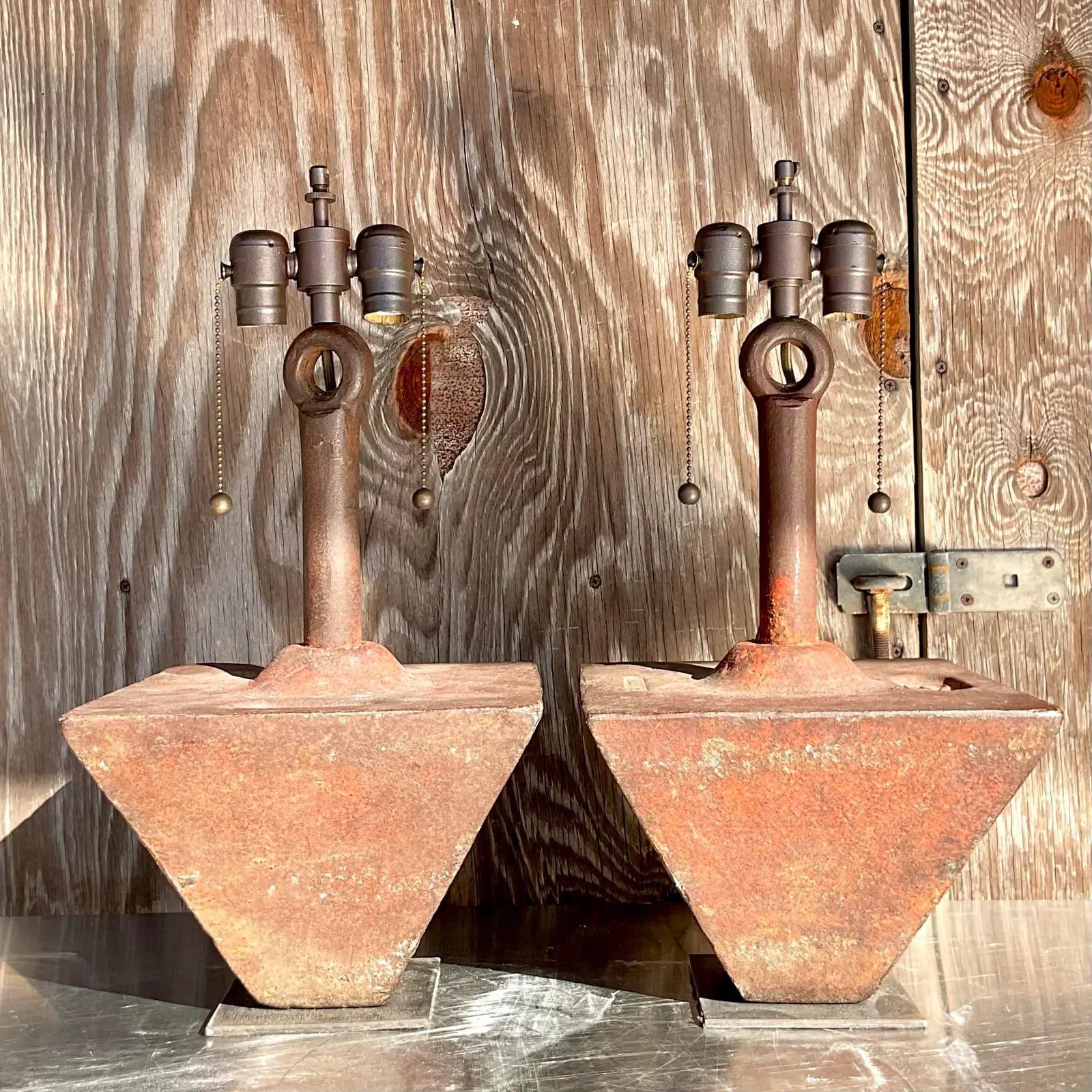 Vintage Boho Patinated Iron Boat Weight Lamps - a Pair In Good Condition For Sale In west palm beach, FL