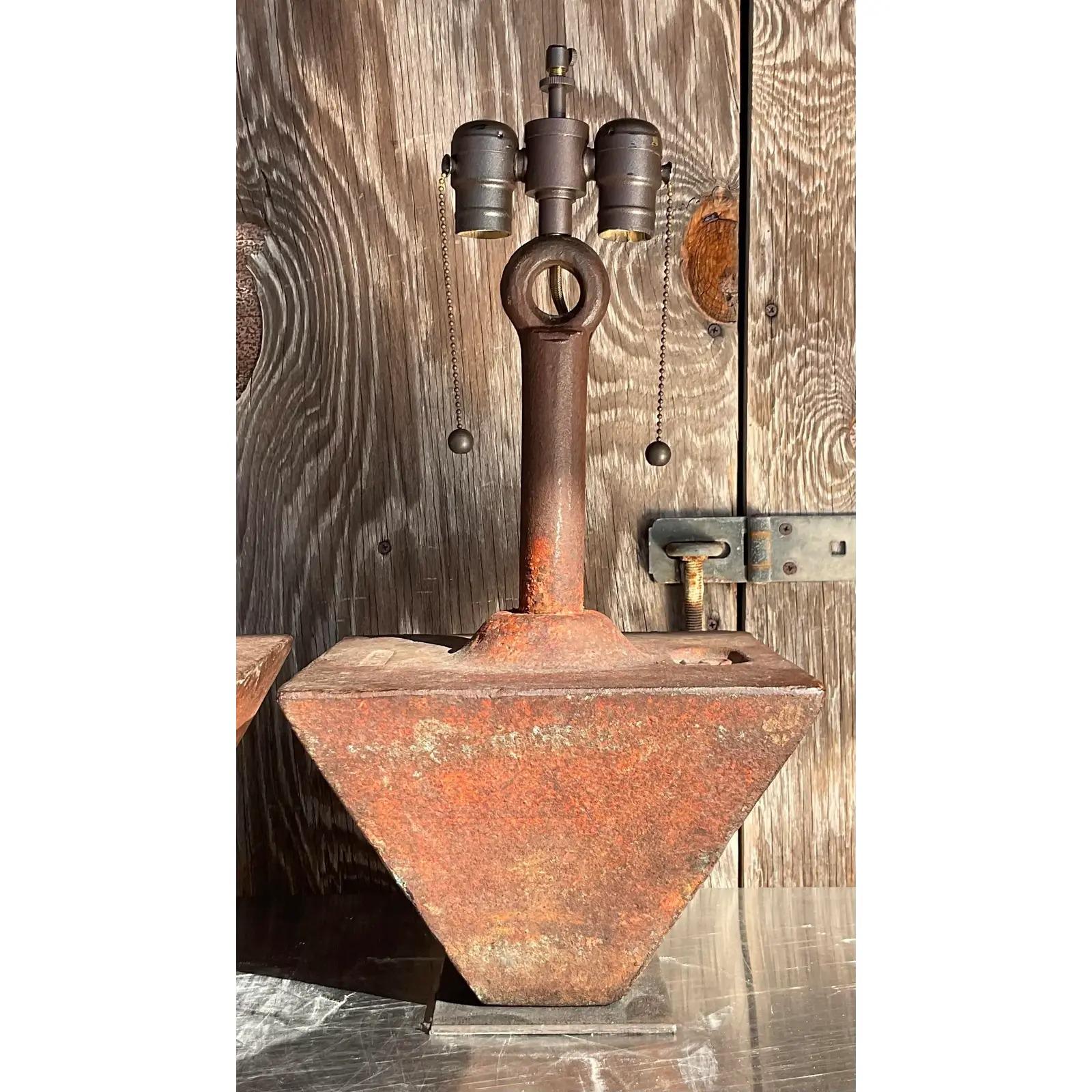 Vintage Boho Patinated Iron Boat Weight Lamps - a Pair For Sale 1