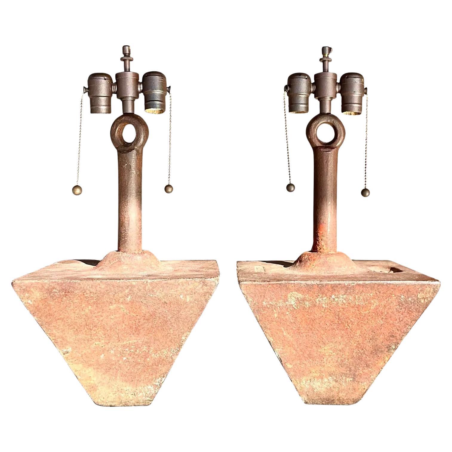 Vintage Boho Patinated Iron Boat Weight Lamps - a Pair