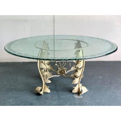 Vintage Boho Patinated Iron Dining Table With Etched Glass Top
