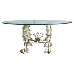 Table de salle à manger vintage en fer patiné Boho avec plateau en verre gravé