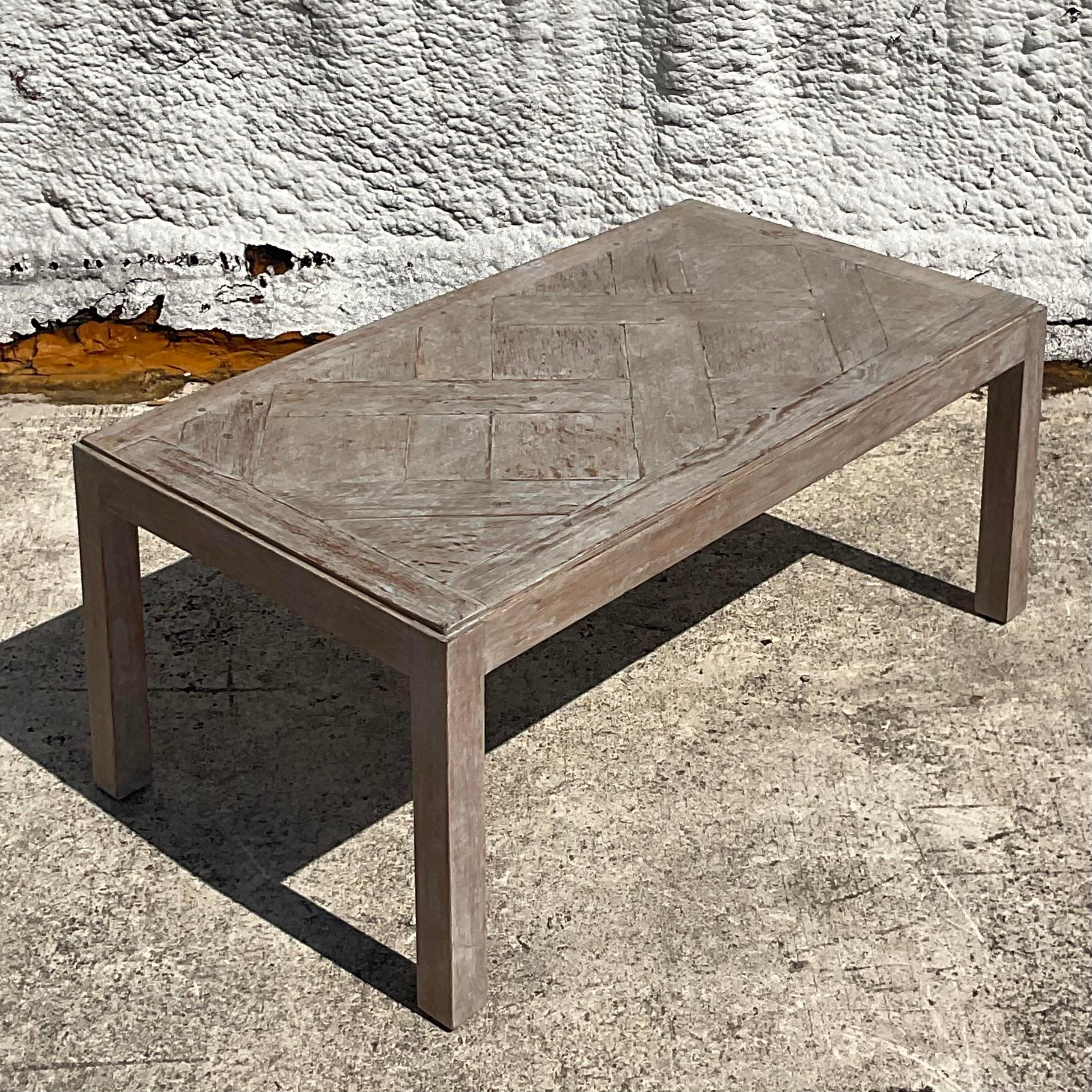 Mid-Century Modern Vintage Boho Patinated Lattice Parsons Coffee Table For Sale
