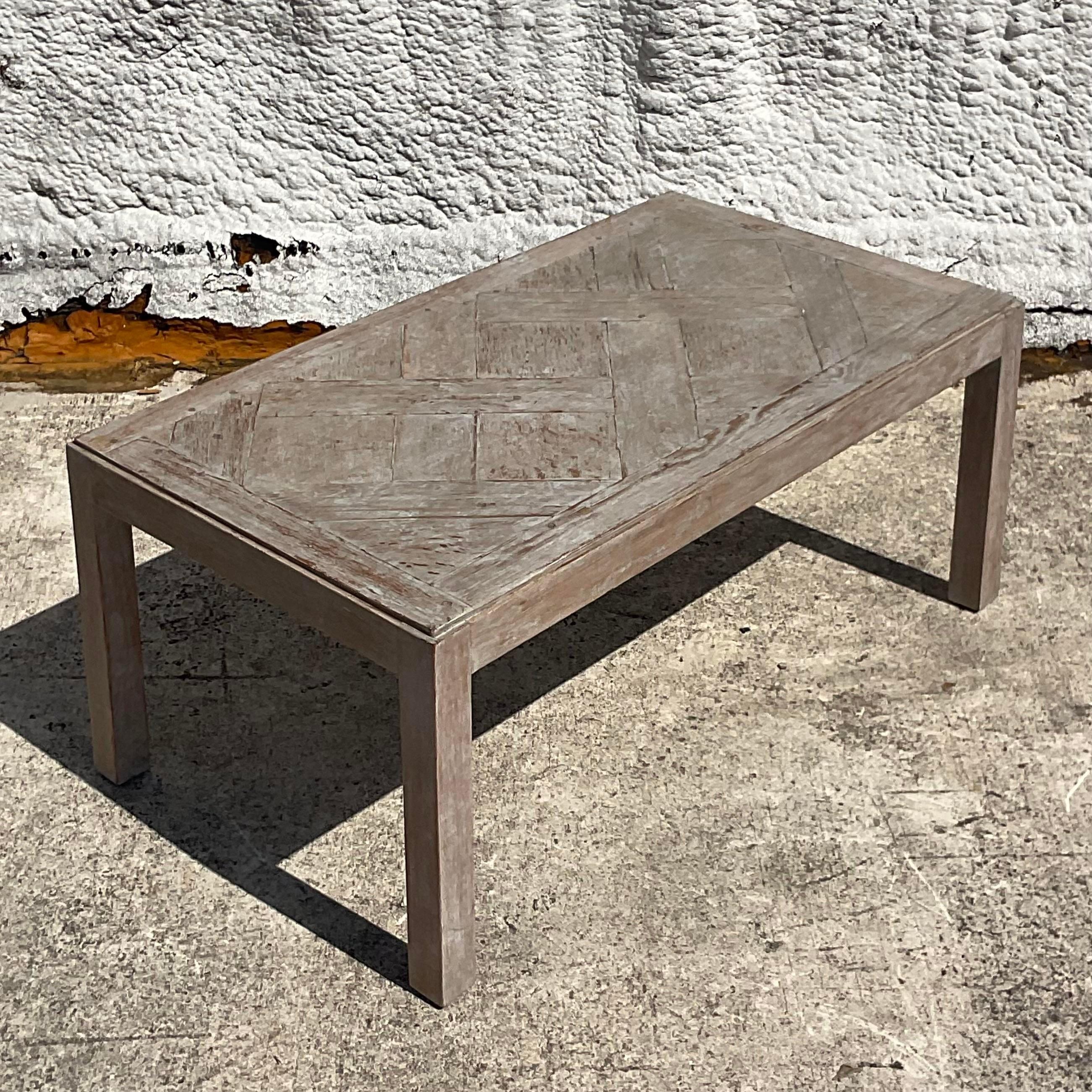 American Vintage Boho Patinated Lattice Parsons Coffee Table For Sale