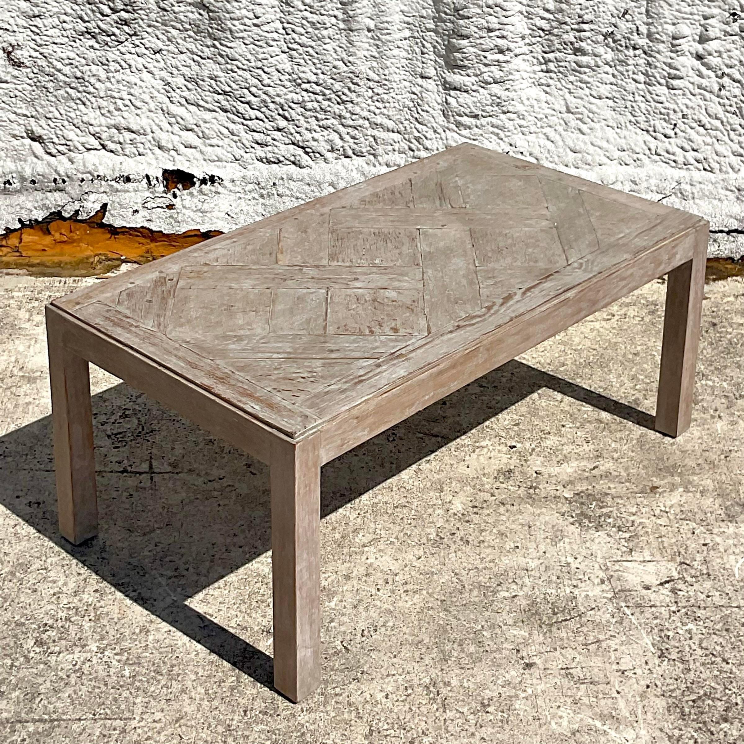 Vintage Boho Patinated Lattice Parsons Coffee Table In Good Condition For Sale In west palm beach, FL