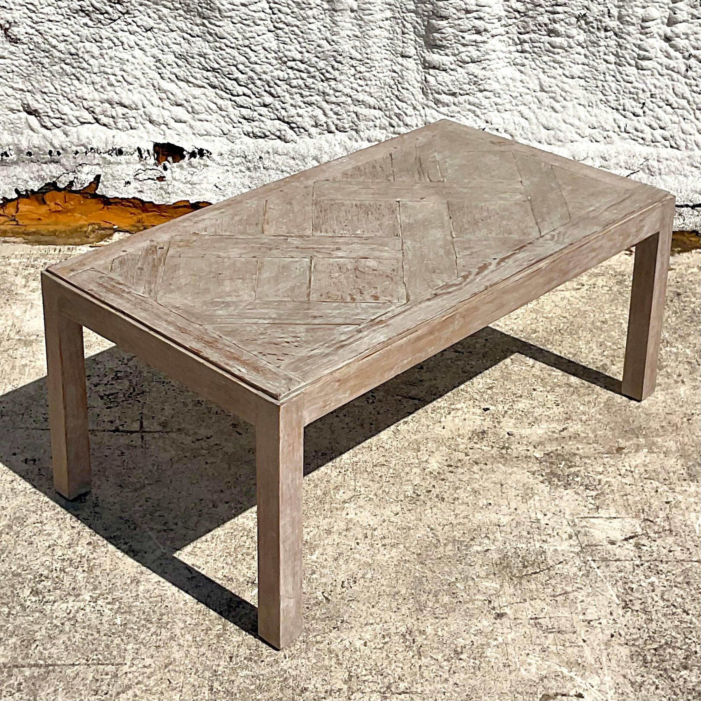 20th Century Vintage Boho Patinated Lattice Parsons Coffee Table For Sale