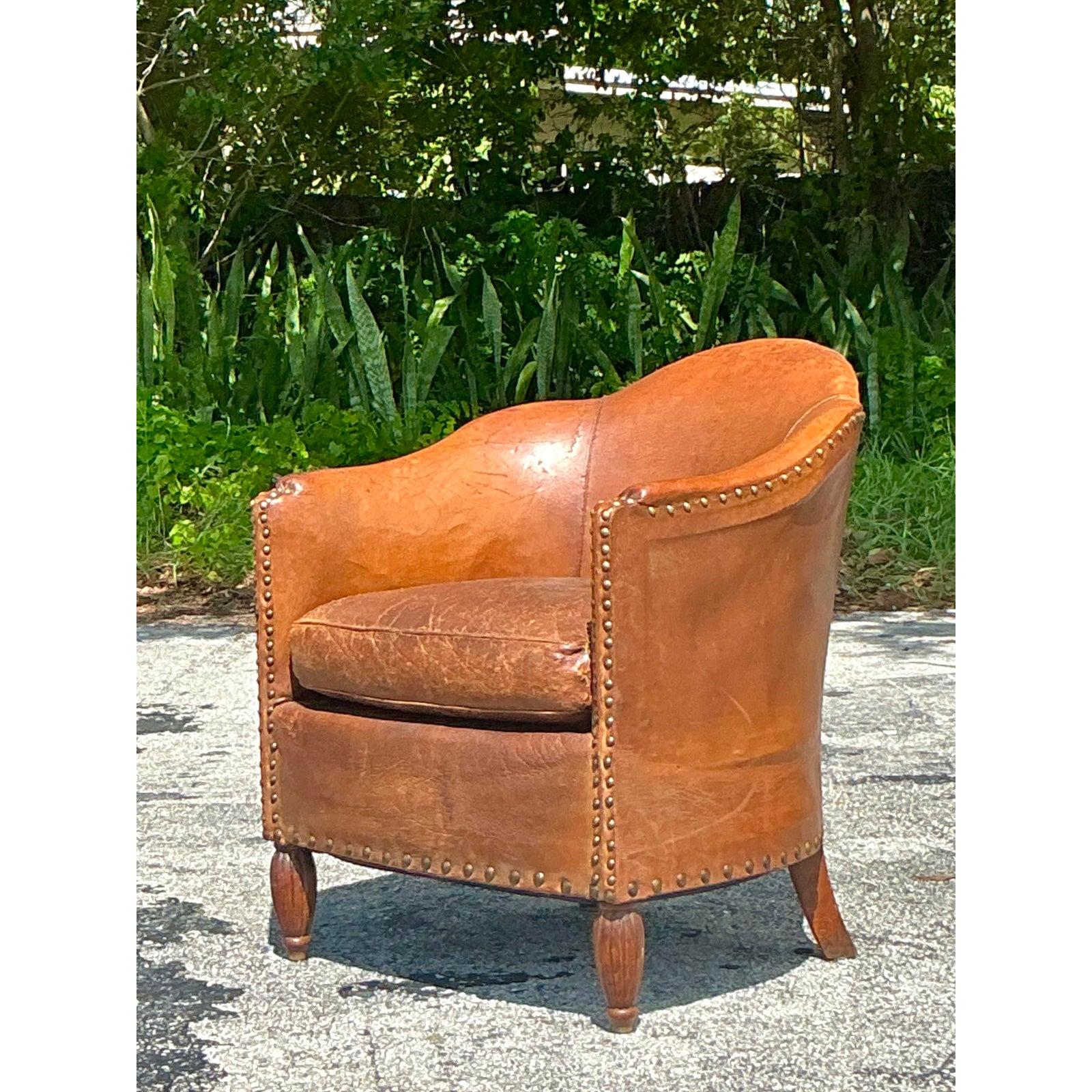 Art Deco Vintage Boho Patinated Leather Tub Chair For Sale