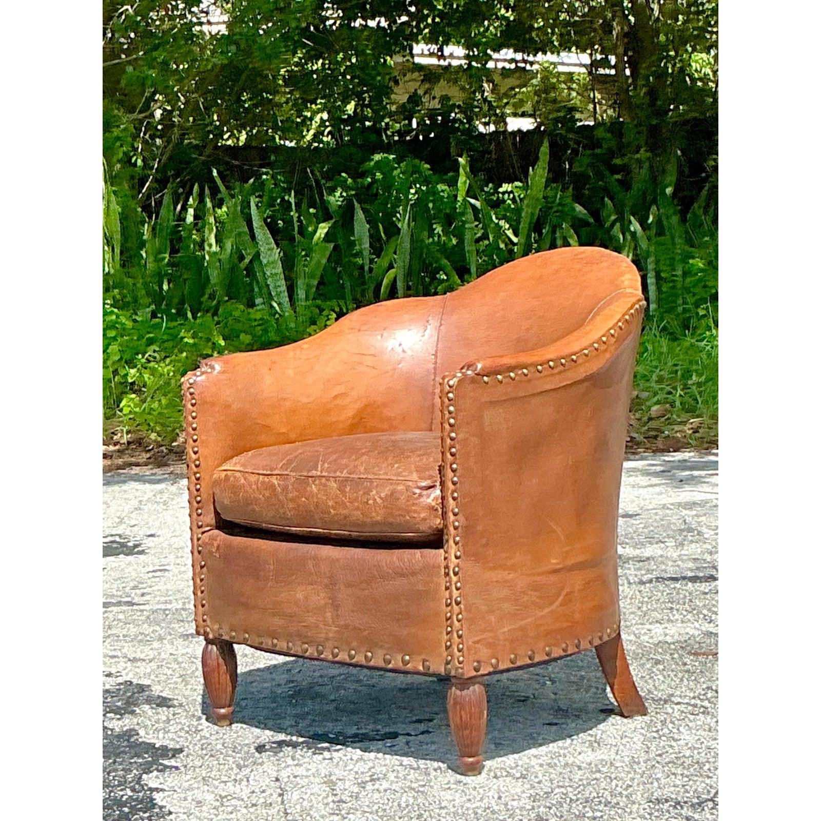 French Vintage Boho Patinated Leather Tub Chair For Sale