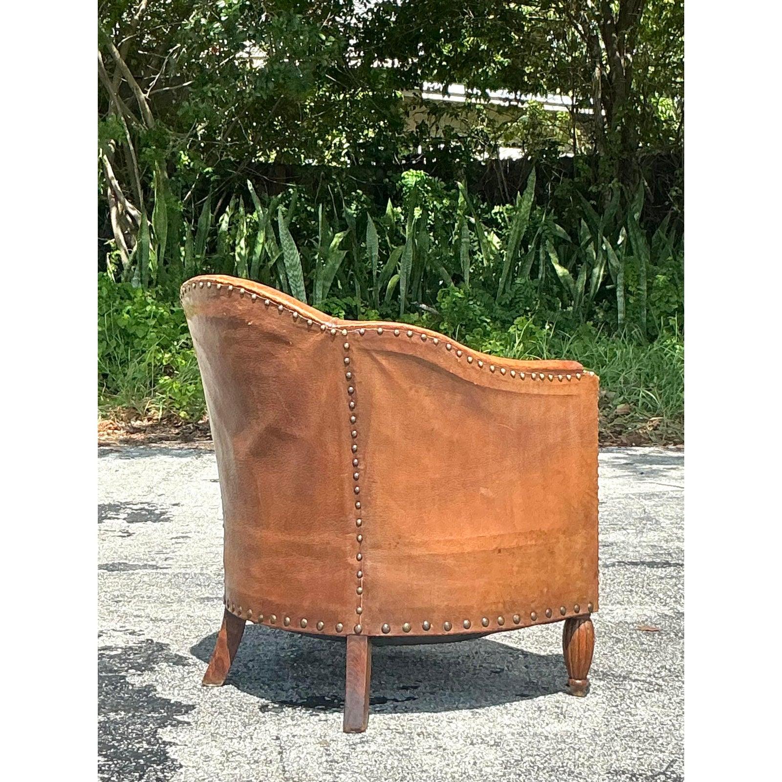 Vintage Boho Patinated Leather Tub Chair In Good Condition For Sale In west palm beach, FL