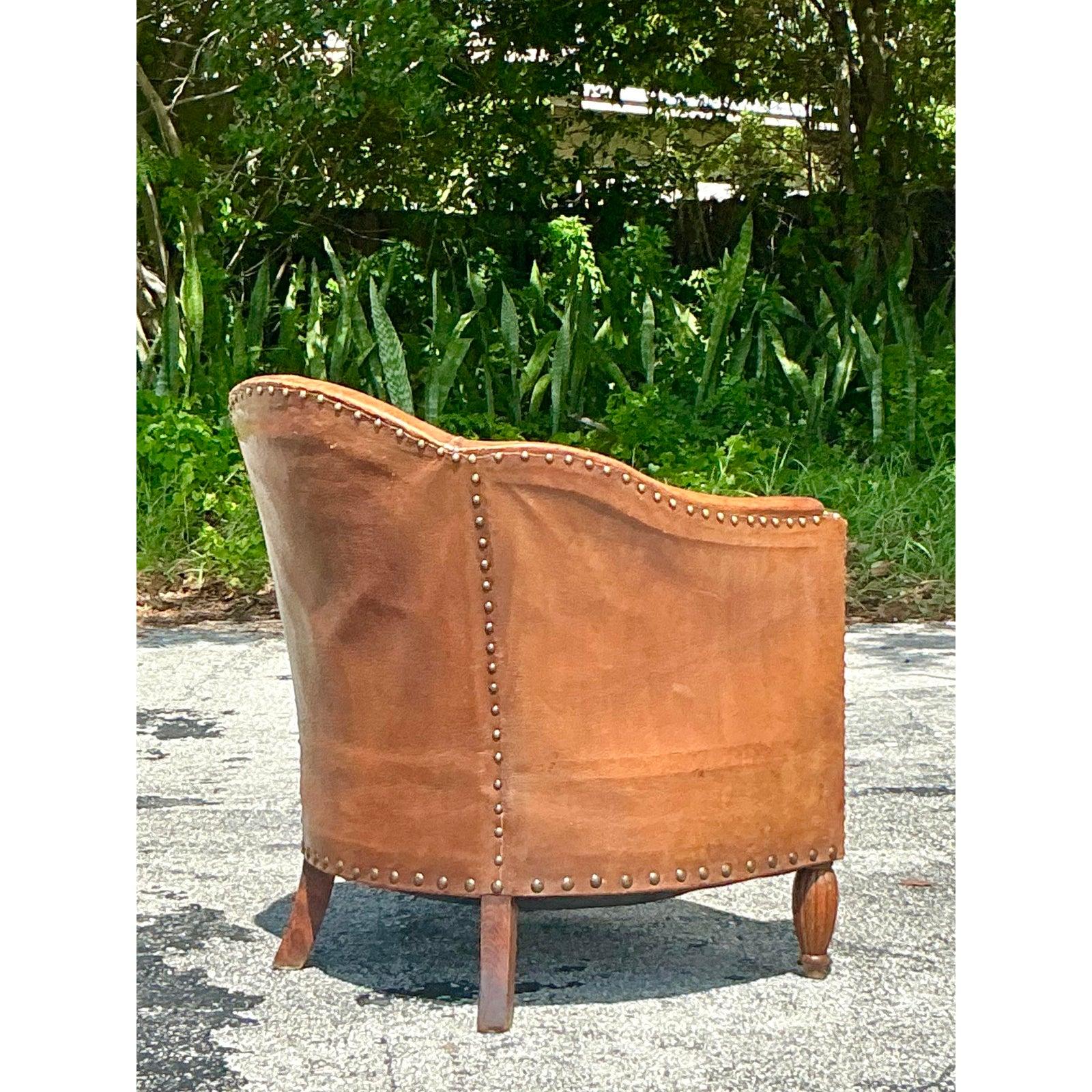 20th Century Vintage Boho Patinated Leather Tub Chair For Sale