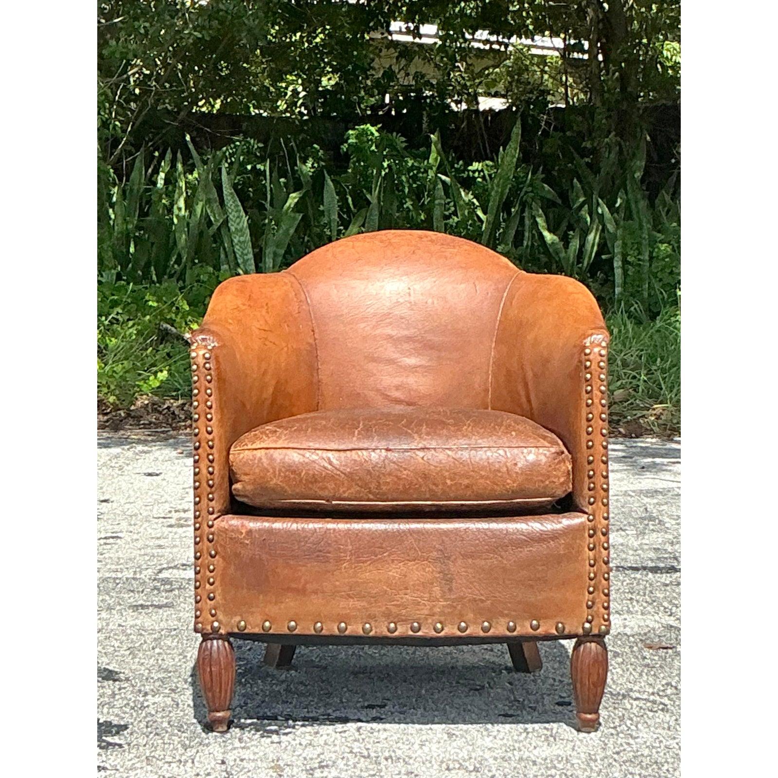 Metal Vintage Boho Patinated Leather Tub Chair For Sale