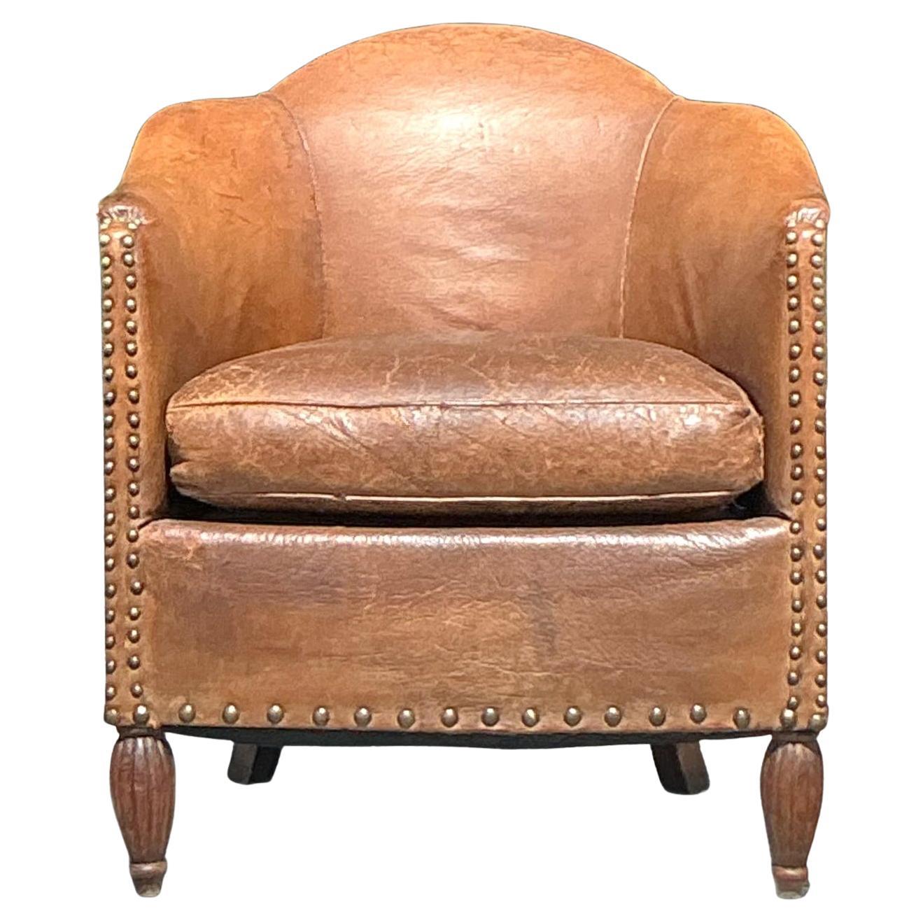 Vintage Boho Patinated Leather Tub Chair For Sale
