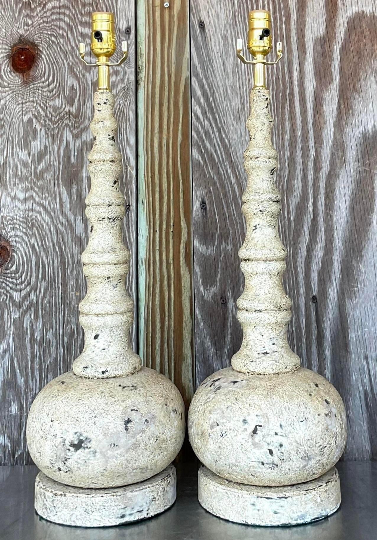 Vintage Boho Patinated Long Neck Lamps - a Pair In Good Condition For Sale In west palm beach, FL