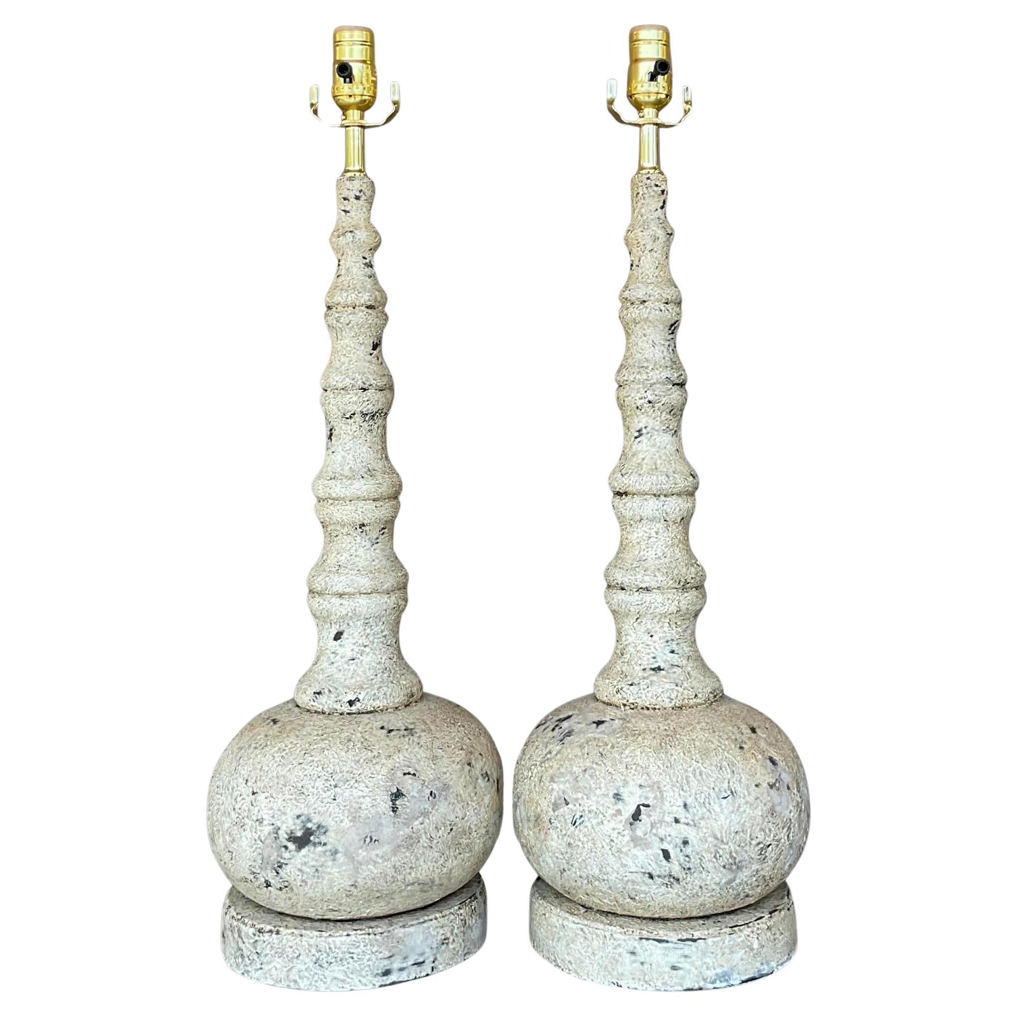 Vintage Boho Patinated Long Neck Lamps - a Pair