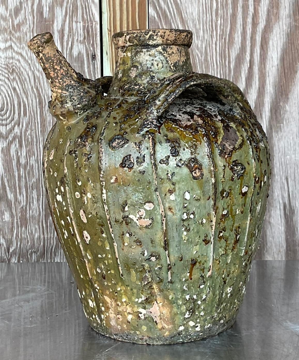 Rustic Vintage Boho Patinated Matte Glazed Ceramic Urn For Sale
