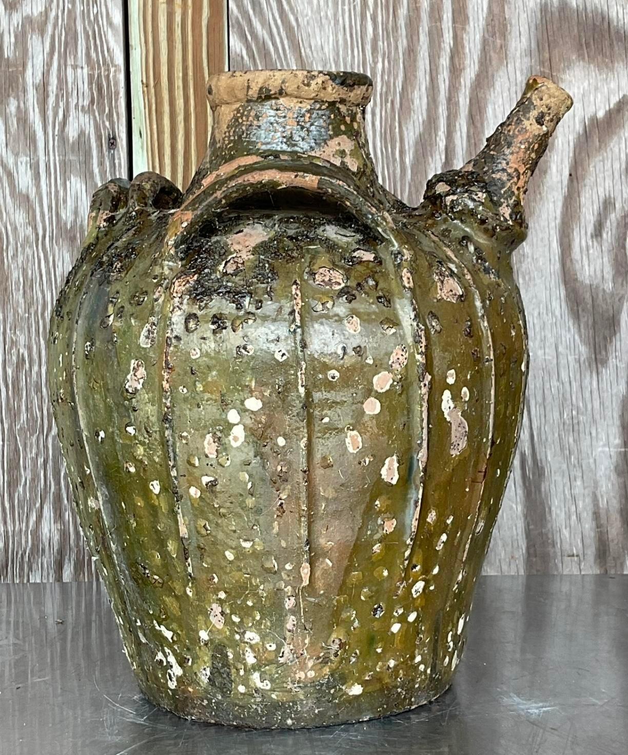 American Vintage Boho Patinated Matte Glazed Ceramic Urn For Sale