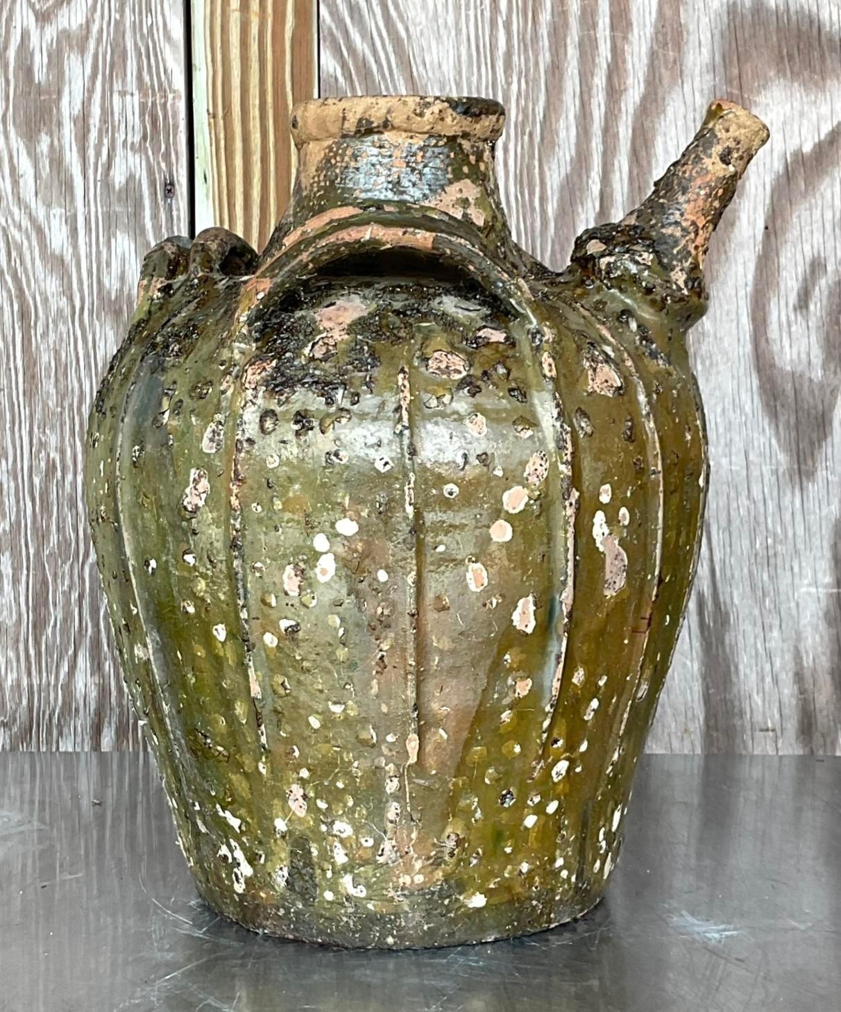 Vintage Boho Patinated Matte Glazed Ceramic Urn In Good Condition For Sale In west palm beach, FL