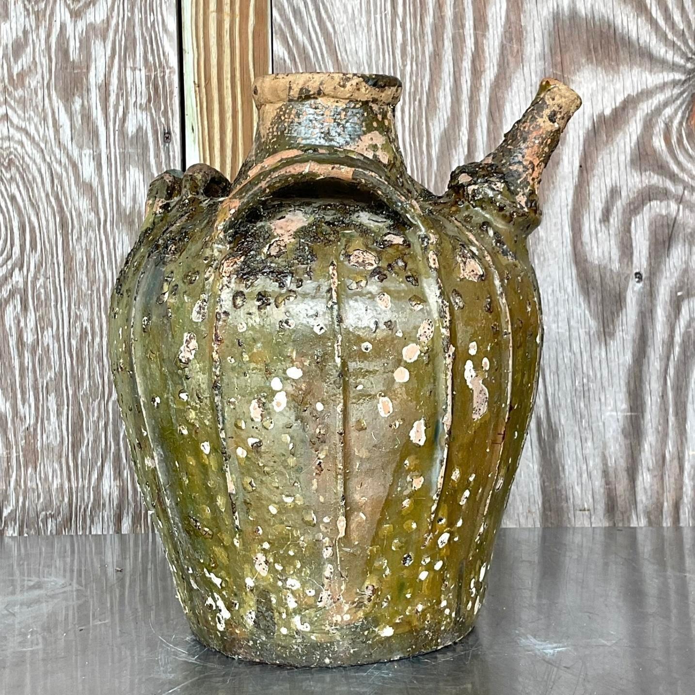 20th Century Vintage Boho Patinated Matte Glazed Ceramic Urn For Sale