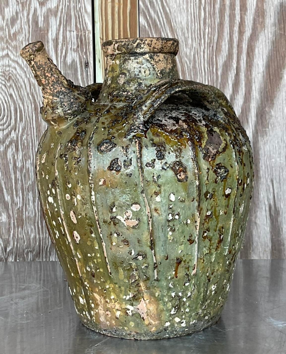 Vintage Boho Patinated Matte Glazed Ceramic Urn For Sale 1