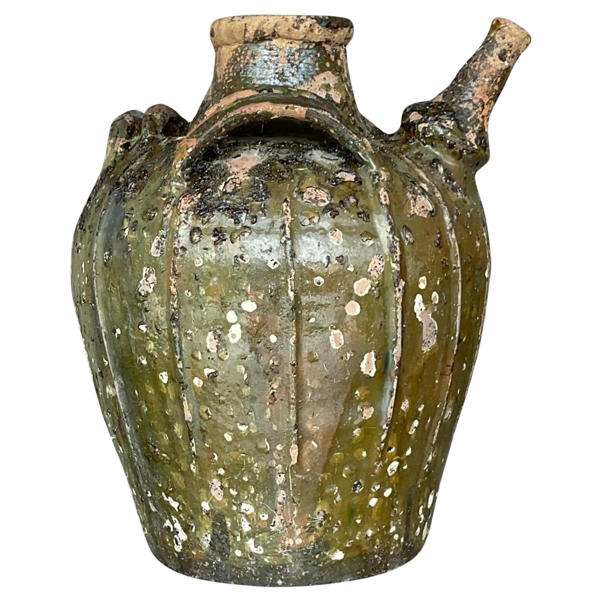 Vintage Boho Patinated Matte Glazed Ceramic Urn For Sale