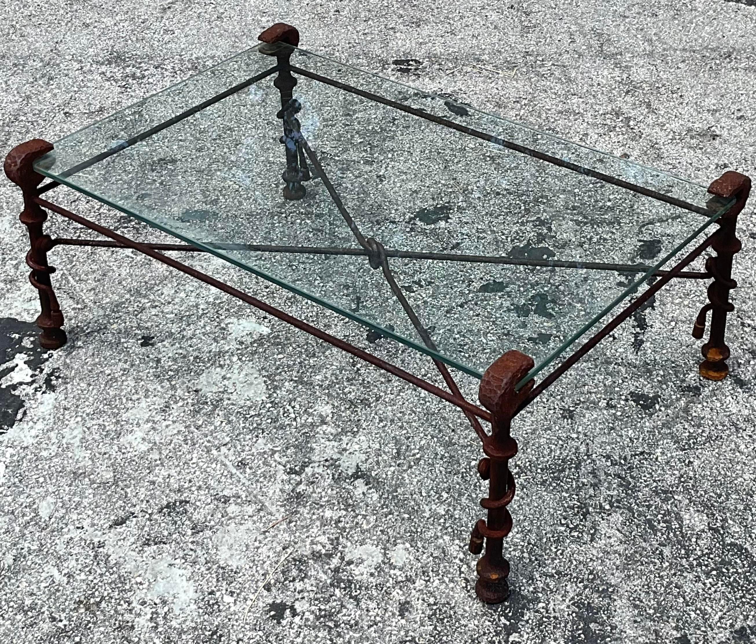 American Vintage Boho Patinated Metal Coffee Table After Giacometti