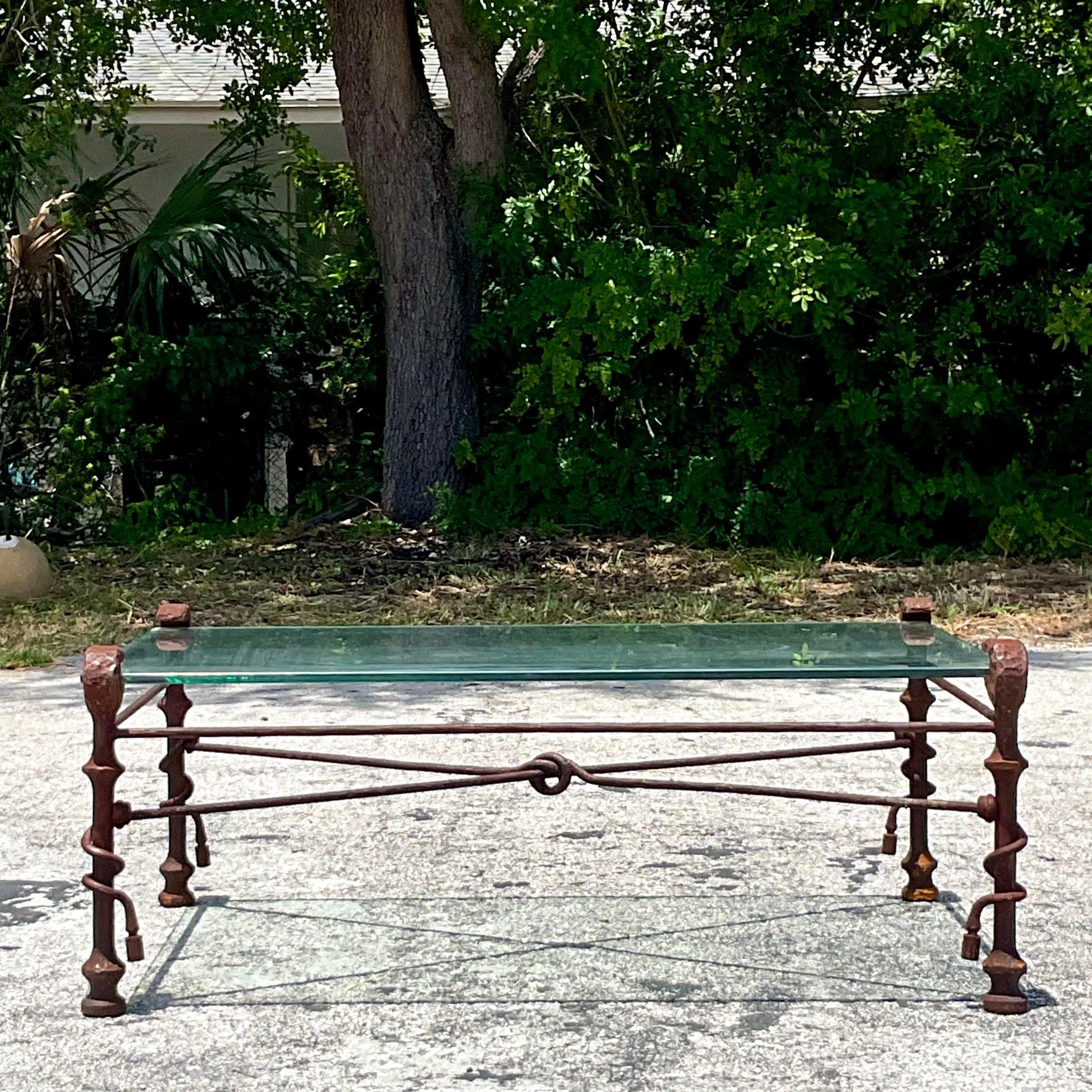 Vintage Boho Patinated Metal Coffee Table After Giacometti In Good Condition In West Palm Beach, FL