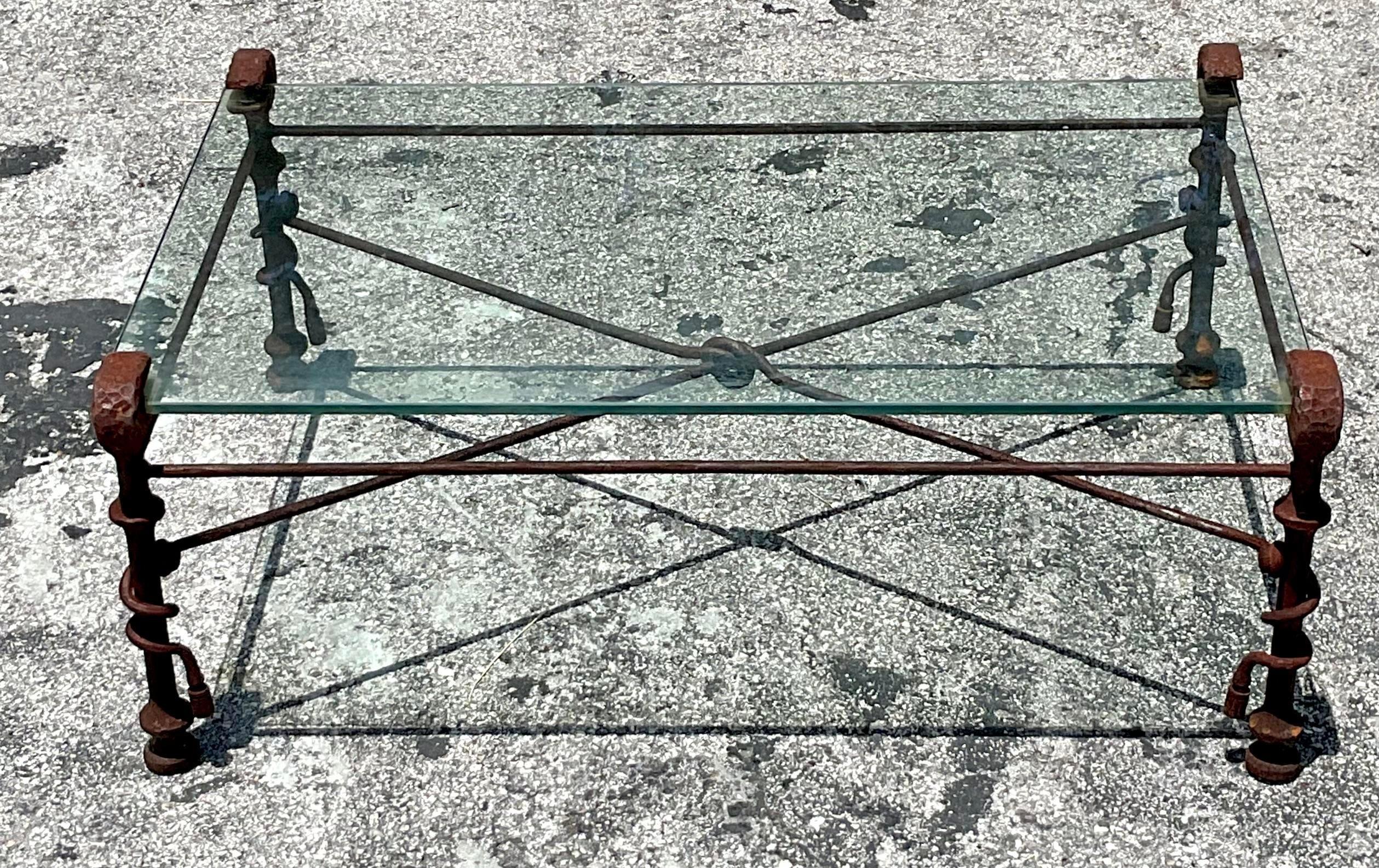 Vintage Boho Patinated Metal Coffee Table After Giacometti 1
