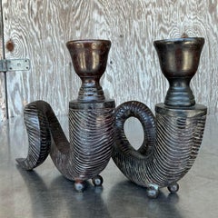 Vintage Boho Patinated Metal Curly Horn Candlesticks - A Pair